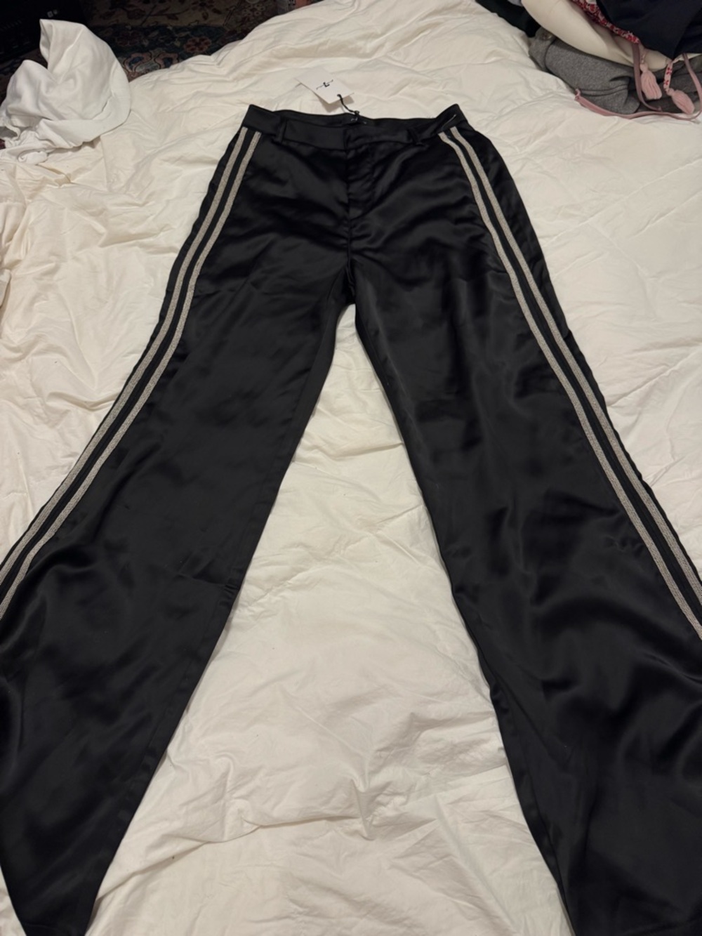7 For All Mankind Black Wide-Leg Pants with Silver Stripes